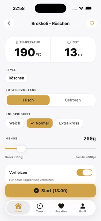 Frygo cooking setup detail screen